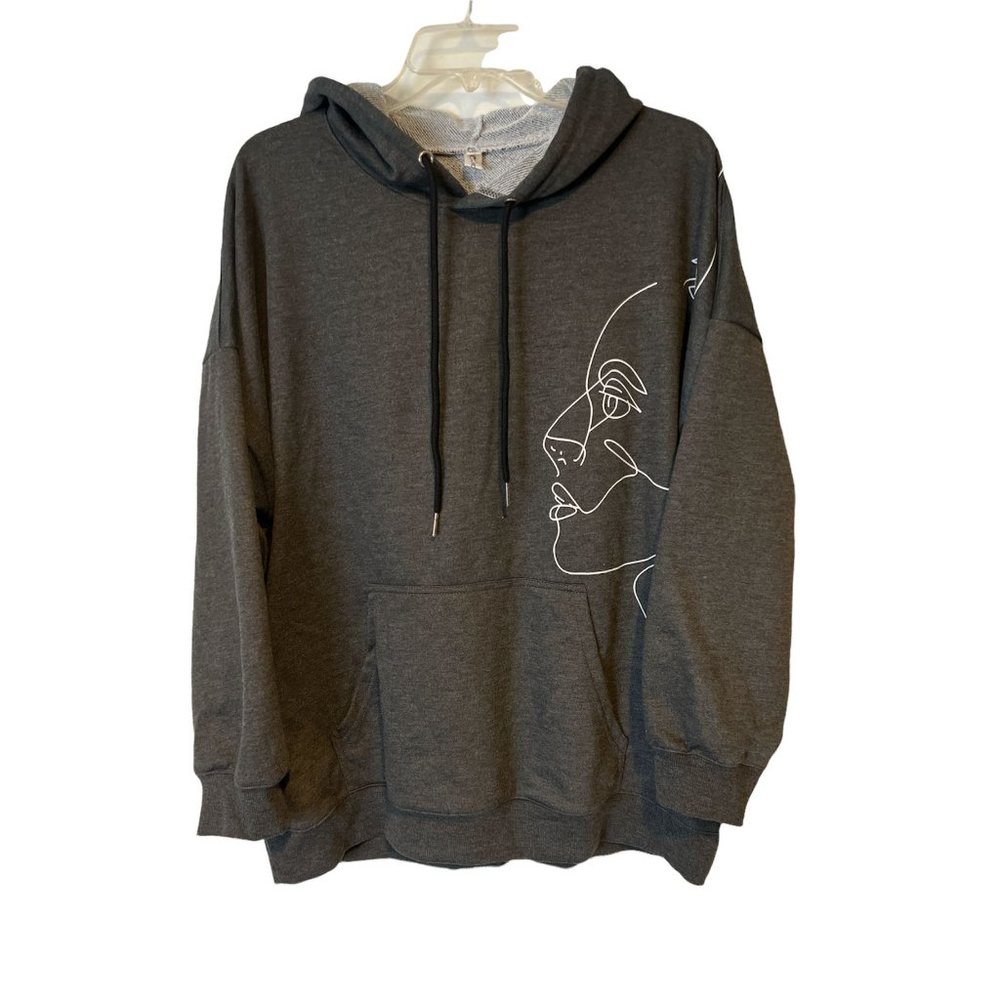 OC Order Plus Hoodie Sweatshirt Womens Medium Gray Face Outline Graphic NEW